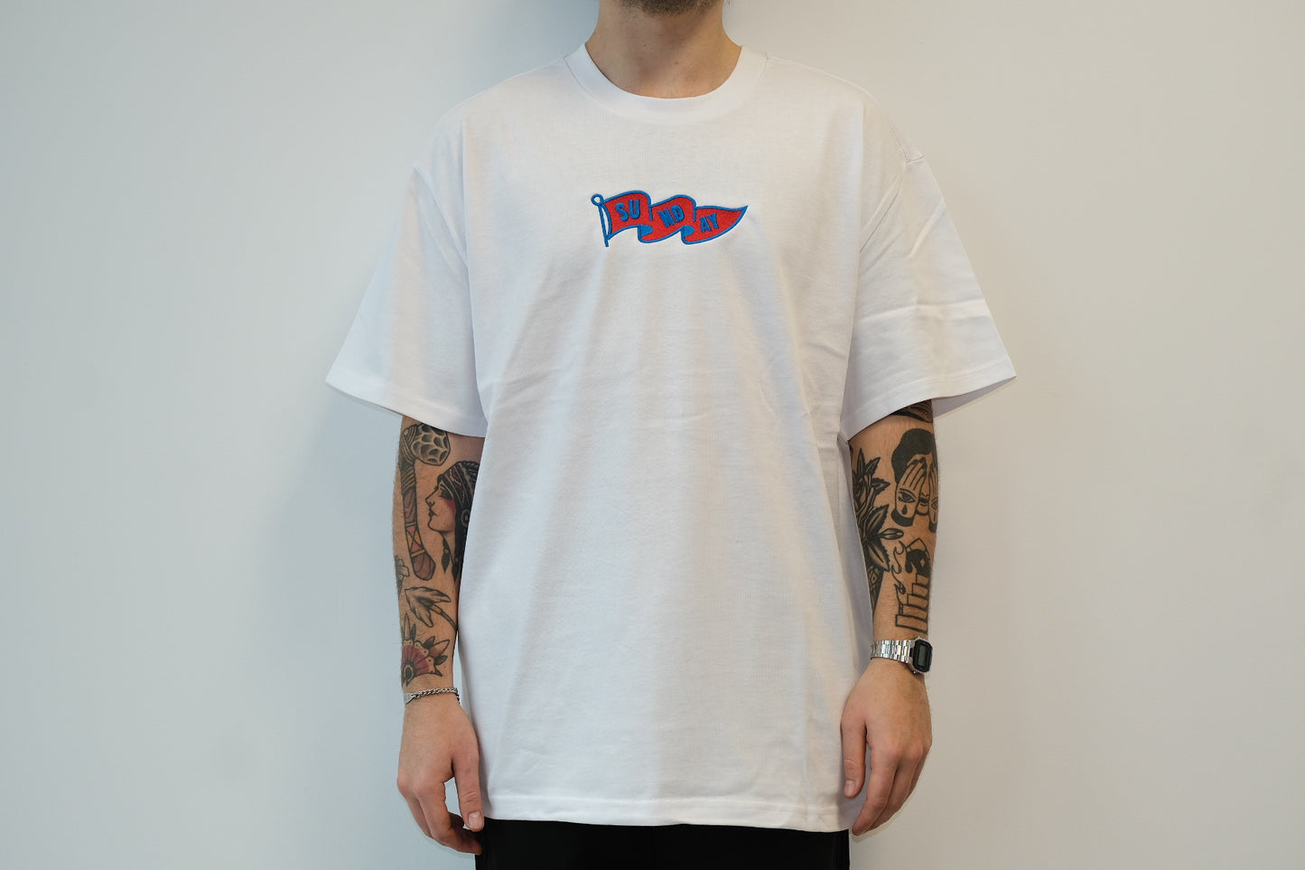 Sunday Club Flag Embroidery Heavy T-shirt in White.