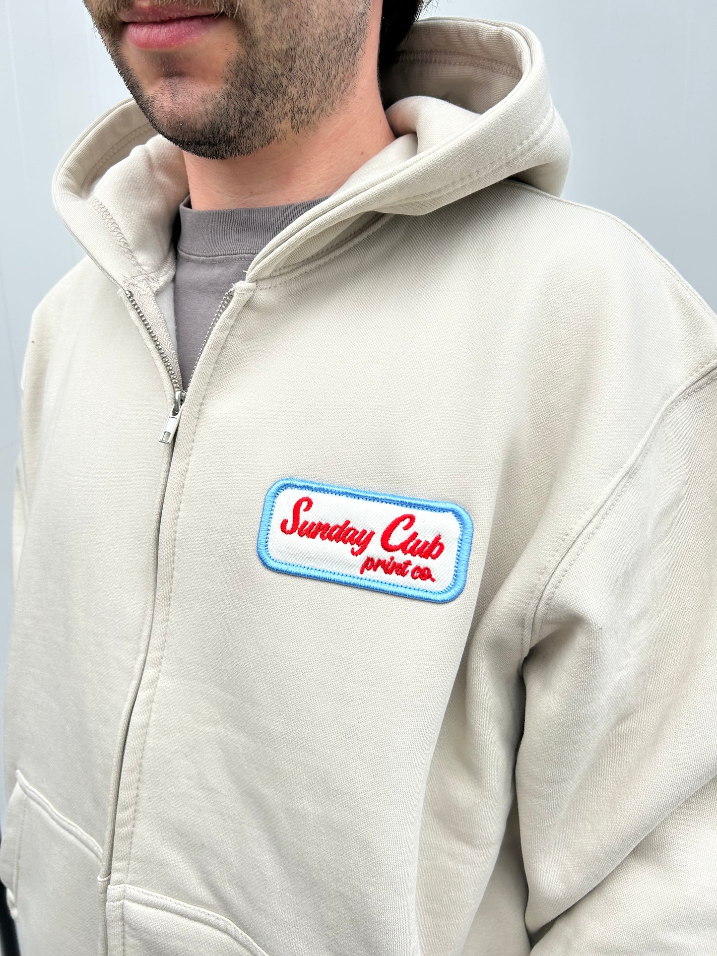 Embroidered Patch Zip Up Heavy Hood / Stone